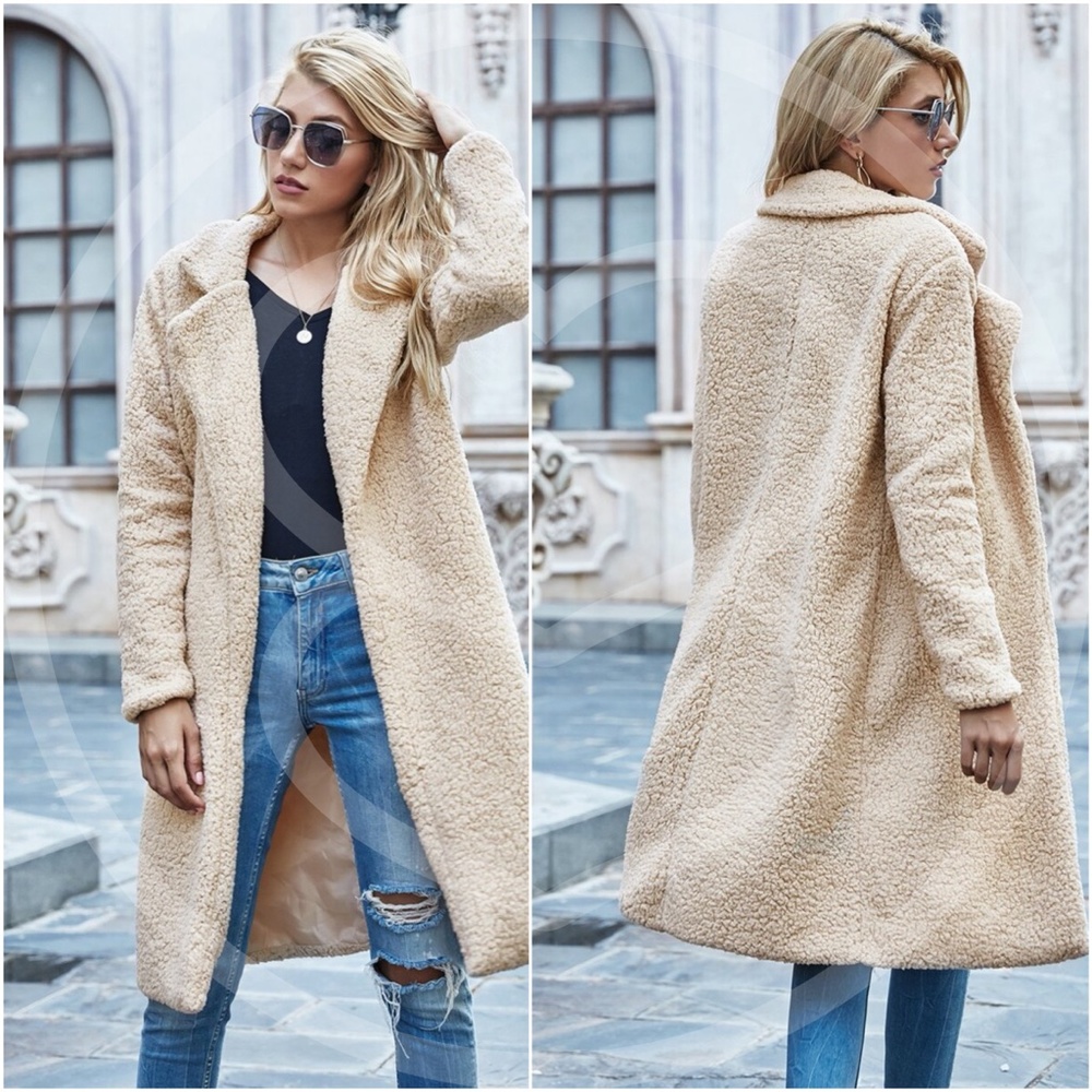 Cream long teddy jacket coat Trench Coat Casual - Picture 3 of 4